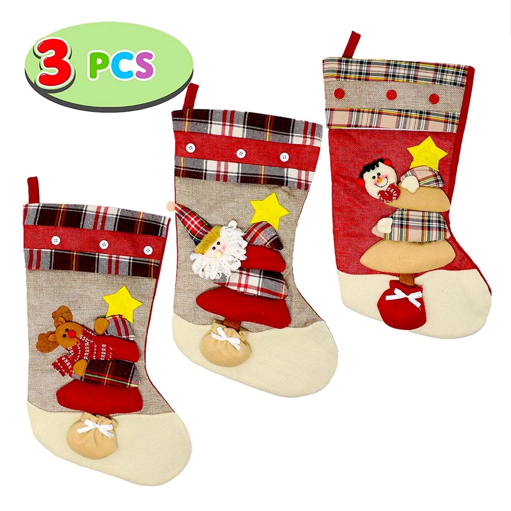 3 Pack 18" 3d Burlap Christmas Stockings